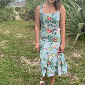 Tropical Print Tie-Back Midi Dress